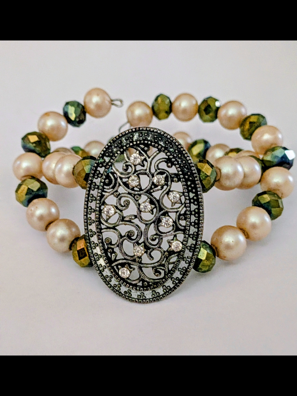 Pearl & Olive Crystal Filigree Memory wire Bracelet